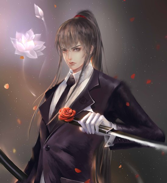 Anime picture 3200x3500 with d.gray-man kanda yuu mofa shaonu quan single long hair tall image looking at viewer fringe highres simple background hair between eyes brown hair holding brown eyes payot absurdres ponytail sparkle dark background formal