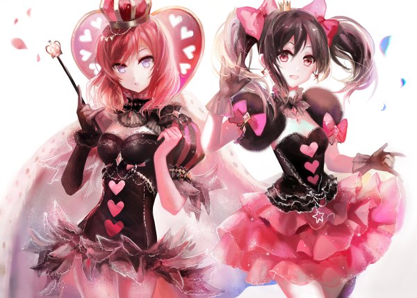 Anime picture 1200x858 with love live! school idol project sunrise (studio) love live! nishikino maki yazawa nico juexing (moemoe3345) looking at viewer short hair open mouth black hair simple background smile red eyes white background purple eyes twintails multiple girls cleavage red hair girl