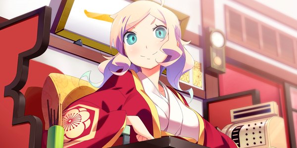 Аниме картинка 2400x1200 с kaminoyu (game) длинные волосы высокое разрешение голубые глаза светлые волосы улыбка широкое изображение game cg японская одежда девушка кимоно