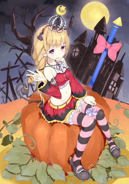 Anime picture 2549x3624 with idolmaster idolmaster cinderella girls futaba anzu kuroito (snowflyer) single long hair tall image highres open mouth blonde hair red eyes sitting payot tail pointy ears bare belly zettai ryouiki victory halloween bat wings