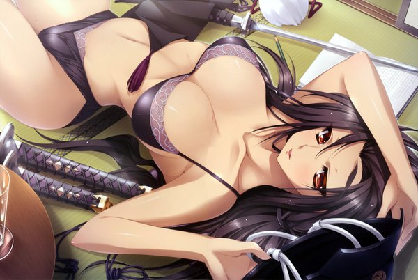Anime picture 9586x6428 with appare! tenka gomen hasegawa taira katagiri hinata single long hair looking at viewer fringe highres breasts light erotic brown eyes absurdres purple hair lying on back underwear only upside down girl navel underwear