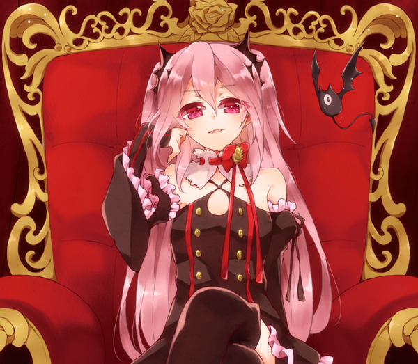 Anime picture 940x820 with owari no seraph wit studio kururu tepes kanoya (ueda79861) single long hair looking at viewer blush fringe open mouth simple background hair between eyes red eyes sitting pink hair fang (fangs) two side up crossed legs adjusting hair vampire