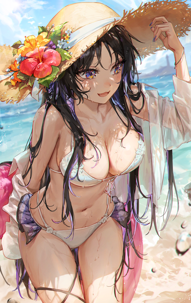 Anime picture 2000x3166 with original kellymonica02 single long hair tall image blush fringe highres breasts open mouth light erotic black hair large breasts standing brown eyes looking away cleavage outdoors nail polish :d