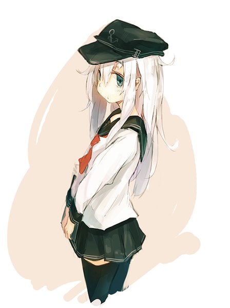 Anime picture 600x803 with kantai collection hibiki destroyer amoranorem single long hair tall image looking at viewer blue eyes standing holding ahoge white hair pleated skirt from above girl thighhighs skirt uniform black thighhighs serafuku