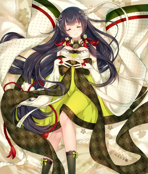 Anime picture 1276x1500 with kantai collection mizuho seaplane tender mizuho (kantai collection) paint musume single long hair tall image blush fringe breasts black hair smile bent knee (knees) lying eyes closed long sleeves wide sleeves floral print girl dress