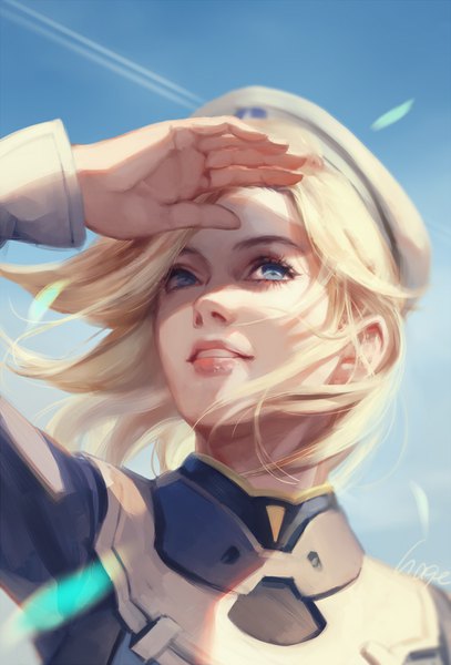 Anime picture 1000x1474 with overwatch blizzard entertainment mercy (overwatch) combat medic ziegler hage2013 single tall image short hair blue eyes blonde hair signed sky parted lips wind realistic looking up shaded face salute condensation trail girl
