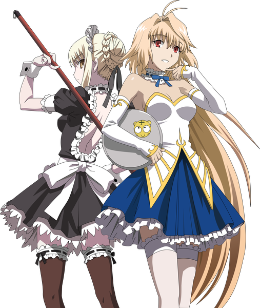 Anime picture 2556x3021 with fate (series) fate/stay night shingetsutan tsukihime carnival phantasm studio deen type-moon artoria pendragon (all) saber arcueid brunestud long hair tall image highres short hair blonde hair red eyes multiple girls maid transparent background crossover girl