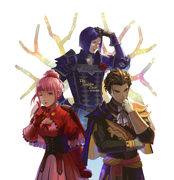 Anime picture 800x829 with fire emblem fire emblem: three houses fire emblem warriors: three hopes nintendo claude von riegan hilda valentine goneril lorenz hellman gloucester redaster8 tall image looking at viewer fringe short hair hair between eyes brown hair standing green eyes payot looking away pink hair purple hair