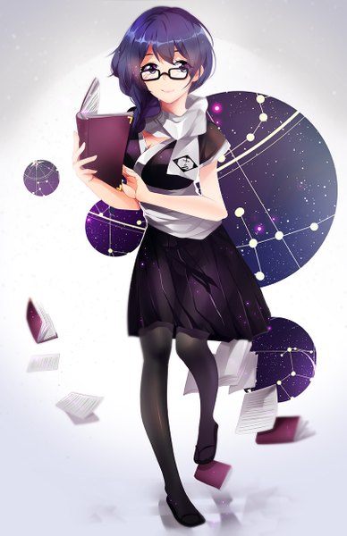 Anime picture 809x1250 with original squchan single long hair tall image smile purple eyes purple hair constellation girl skirt pantyhose glasses scarf book (books) star (stars)