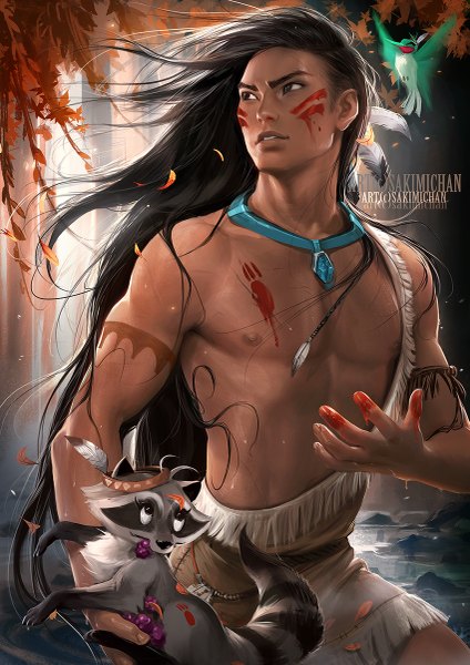 Anime picture 849x1200 with pocahontas disney pocahontas (character) sakimichan long hair tall image black hair very long hair wind realistic watermark river face paint genderswap lake boy animal tree (trees) choker food