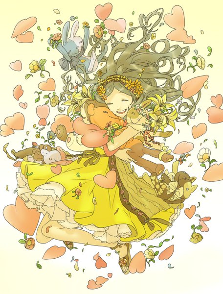 Anime picture 1466x1930 with miyama fugin long hair tall image simple background smile brown hair hair flower wind hug happy flying dress hair ornament flower (flowers) heart cat toy stuffed animal bunny lily (flower)