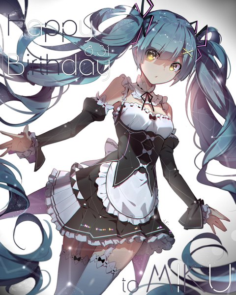 Anime picture 800x1000 with re:zero kara hajimeru isekai seikatsu vocaloid white fox hatsune miku rem (re:zero) lf single tall image looking at viewer fringe open mouth simple background standing twintails bare shoulders signed yellow eyes blunt bangs very long hair aqua hair