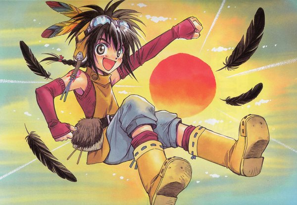 Anime picture 2079x1436 with +anima (manga) cooro blush highres short hair open mouth brown hair bare shoulders brown eyes braid (braids) tattoo flying laughing boy detached sleeves water boots belt feather (feathers) collar