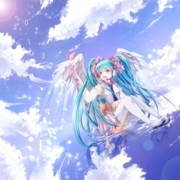 Anime picture 1300x1300 with vocaloid hatsune miku iroha (shiki) single open mouth sitting sky cloud (clouds) very long hair aqua eyes aqua hair happy reflection angel wings ripples girl thighhighs dress flower (flowers) white thighhighs