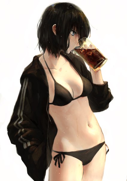 Anime picture 2480x3508 with original tentsuu (tentwo) single tall image fringe highres short hair breasts blue eyes light erotic black hair simple background standing white background holding looking away cleavage profile open clothes wet