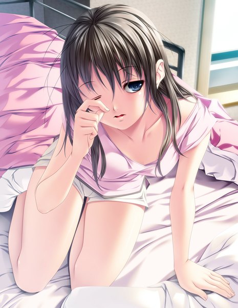 Anime picture 775x1000 with original rezi single long hair tall image looking at viewer open mouth blue eyes black hair one eye closed wink morning girl shorts bed white shorts
