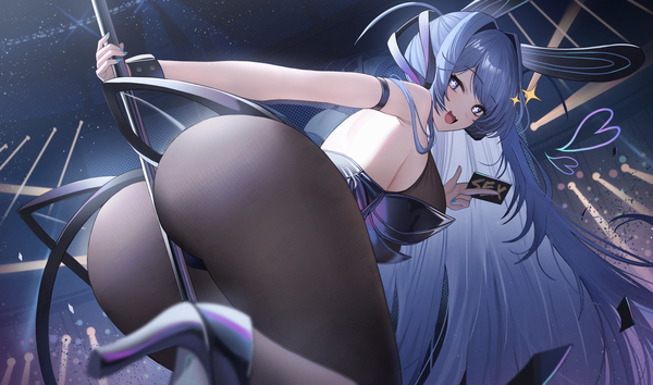 Anime picture 4480x2640 with azur lane new jersey (azur lane) new jersey (exhilarating steps!) (azur lane) jeze single looking at viewer fringe highres breasts open mouth blue eyes light erotic smile wide image large breasts holding animal ears blue hair absurdres blunt bangs