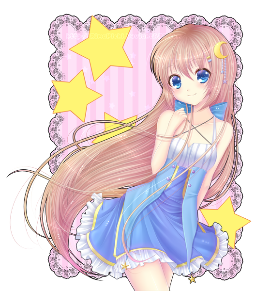 Anime picture 1300x1475 with rimapichi single long hair tall image blush blue eyes blonde hair smile bare shoulders striped striped background girl dress hair ornament star (symbol) moon (symbol)