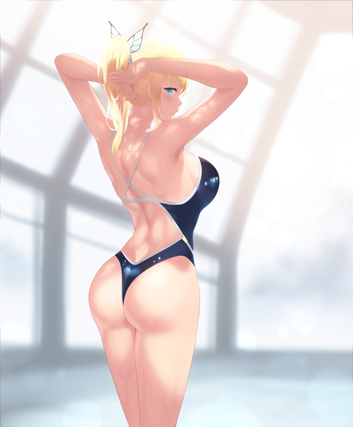 Anime picture 5079x6142 with boku wa tomodachi ga sukunai kashiwazaki sena cait single long hair tall image looking at viewer blush highres breasts blue eyes light erotic blonde hair large breasts standing bare shoulders absurdres ass ponytail looking back