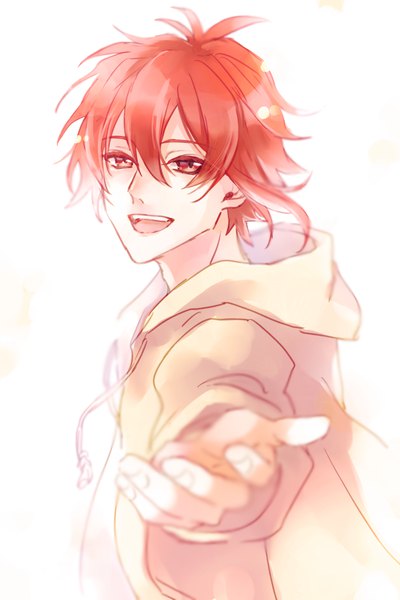 Anime picture 1377x2066 with idolish 7 nanase riku kuki9017 single tall image looking at viewer fringe short hair open mouth simple background smile hair between eyes red eyes white background upper body red hair :d outstretched hand boy hood