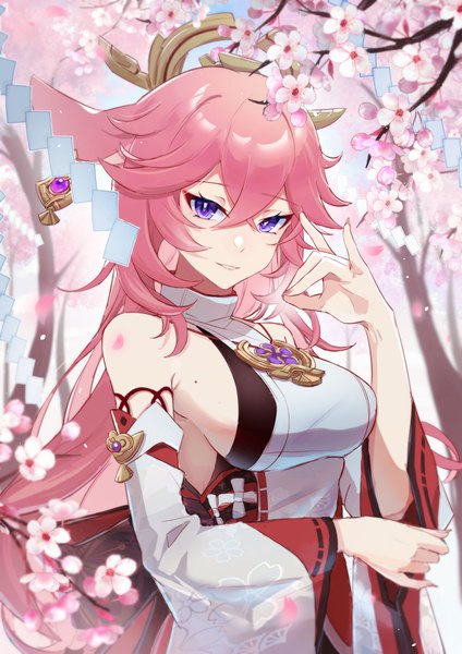 Anime picture 1984x2806 with genshin impact yae miko 24fufu single long hair tall image fringe highres breasts light erotic hair between eyes purple eyes animal ears pink hair upper body mole fox ears sideboob cherry blossoms mole on breast