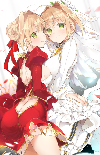 Anime picture 773x1200 with fate (series) fate/extra nero claudius (fate) (all) nero claudius (fate) nero claudius (bride) (fate) sino (sionori) tall image looking at viewer blush fringe short hair breasts light erotic blonde hair smile hair between eyes large breasts standing multiple girls green eyes