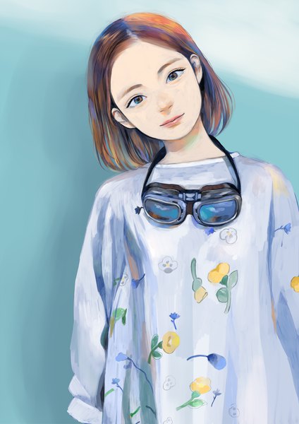 Anime picture 2828x4000 with original zashiki warashi (artist) single tall image looking at viewer highres short hair simple background brown hair upper body head tilt floral print multicolored eyes aqua background goggles around neck girl sweater goggles