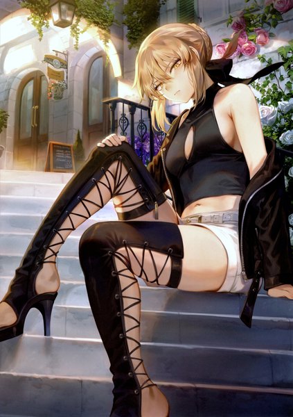 Anime picture 4918x6982 with fate (series) fate/grand order artoria pendragon (all) saber alter mashuu (neko no oyashiro) single tall image looking at viewer blush fringe highres short hair breasts light erotic blonde hair hair between eyes sitting bare shoulders yellow eyes payot