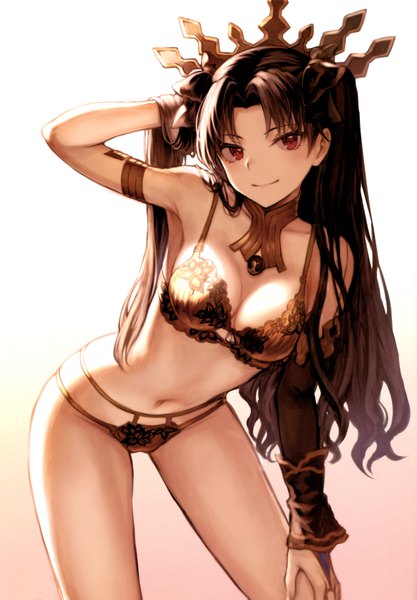 Anime picture 4847x6977 with fate (series) fate/grand order ishtar (fate) mashuu (neko no oyashiro) single long hair tall image looking at viewer blush fringe highres breasts light erotic black hair simple background red eyes large breasts standing absurdres cleavage