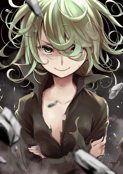 Anime picture 1000x1412 with one-punch man madhouse tatsumaki umakuchi shouyu single tall image looking at viewer fringe short hair breasts light erotic smile green eyes cleavage upper body long sleeves green hair blurry hair over one eye torn clothes
