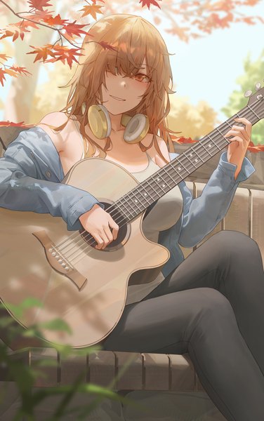 Anime-Bild 3643x5810 mit original free style (yohan1754) single long hair tall image looking at viewer blush fringe highres smile brown hair sitting brown eyes absurdres outdoors parted lips hair over one eye off shoulder depth of field autumn
