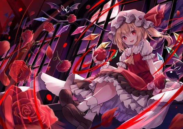 Anime picture 5787x4093 with touhou flandre scarlet kure~pu single looking at viewer fringe highres short hair blonde hair hair between eyes red eyes absurdres full body indoors night puffy sleeves one side up girl flower (flowers) hat