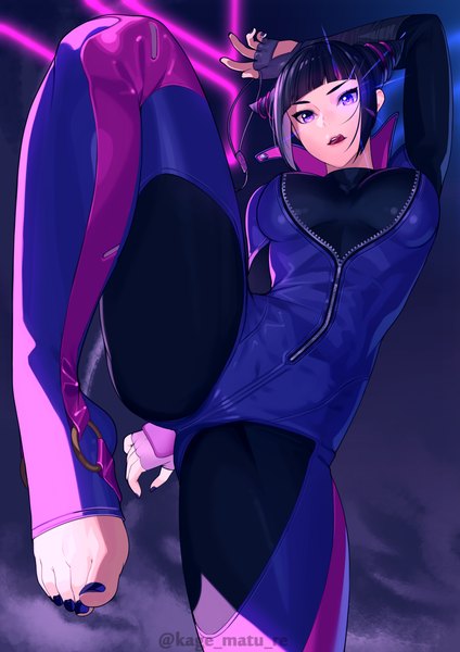 Anime picture 1736x2456 with street fighter capcom han juri kagematsuri single tall image looking at viewer fringe highres short hair breasts light erotic black hair standing purple eyes signed payot bent knee (knees) blunt bangs nail polish