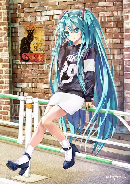 Anime picture 1000x1414 with vocaloid hatsune miku takepon1123 single tall image looking at viewer fringe smile hair between eyes twintails signed full body bent knee (knees) long sleeves very long hair nail polish aqua eyes aqua hair high heels character names