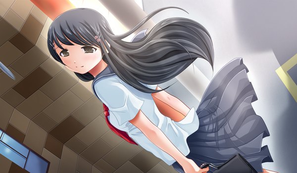 Anime picture 1024x600 with kono sekai no mukou de single long hair black hair wide image game cg black eyes girl skirt serafuku