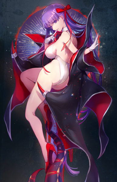 Anime picture 800x1244 with fate (series) fate/grand order bb (fate) (all) bb (swimsuit mooncancer) (fate) vivi (eve no hakoniwa) single long hair tall image looking at viewer breasts light erotic large breasts purple eyes purple hair full body bent knee (knees) ass high heels finger to mouth girl