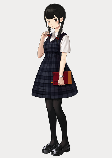 Anime picture 1800x2546 with original shii (kairi-t-k0317) single long hair tall image looking at viewer highres black hair simple background standing white background brown eyes full body braid (braids) parted lips short sleeves twin braids girl dress pantyhose