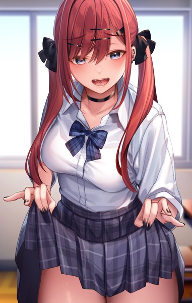 Anime picture 2160x3400 with original nanafuton single long hair tall image looking at viewer blush fringe highres open mouth blue eyes smile hair between eyes red hair indoors nail polish :d pleated skirt piercing plaid skirt