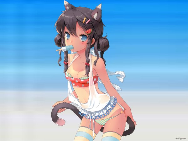 Anime picture 1600x1200 with original cuteg single blue eyes light erotic black hair animal ears tail cat girl mouth hold third-party edit girl thighhighs hair ornament underwear panties food sweets bobby pin striped thighhighs