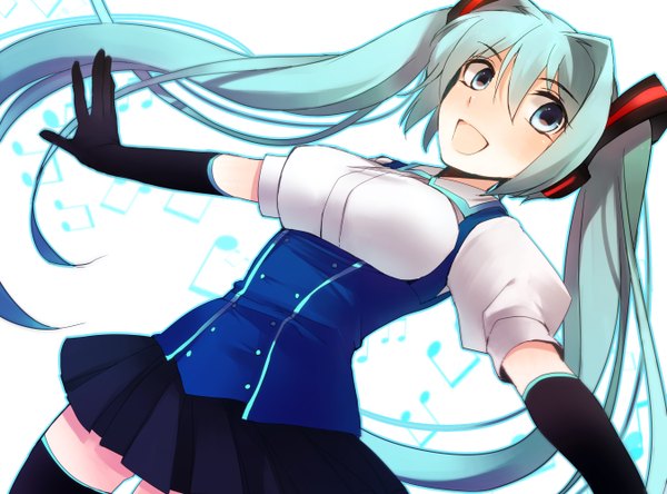 Anime picture 2700x2000 with vocaloid hatsune miku 74 (teduka) single highres open mouth twintails very long hair aqua eyes aqua hair spread arms girl thighhighs skirt gloves hair ornament black thighhighs miniskirt elbow gloves musical note