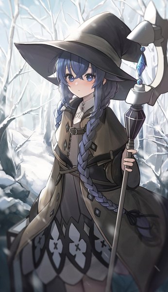 Anime picture 1670x2900 with mushoku tensei studio bind roxy migurdia lunia single long hair tall image looking at viewer blush fringe blue eyes hair between eyes standing holding payot blue hair outdoors braid (braids) :o snowing