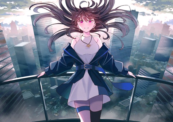 Anime picture 1600x1131 with original koh rd single long hair looking at viewer blush fringe smile hair between eyes brown hair standing purple eyes bare shoulders sky cloud (clouds) outdoors parted lips wind off shoulder open jacket