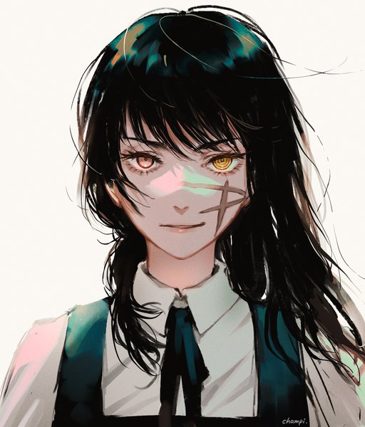 Anime picture 1609x1887 with chainsaw man mappa mitaka asa war devil (chainsaw man) champi single long hair tall image looking at viewer fringe black hair simple background smile white background upper body heterochromia scar girl