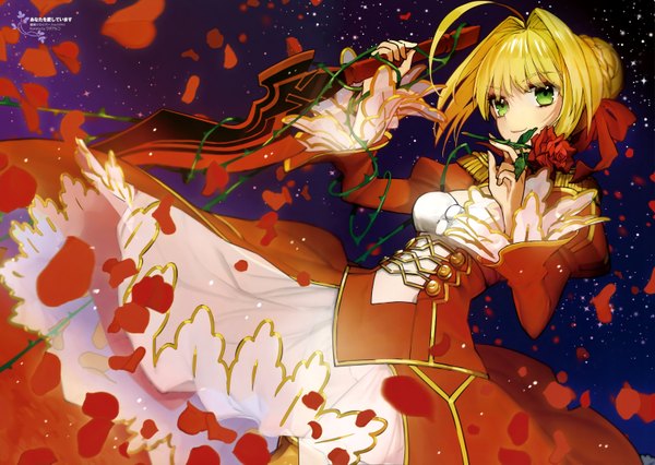 Anime picture 6038x4291 with fate (series) fate/extra type-moon nero claudius (fate) nero claudius (fate/extra) tagme (artist) single looking at viewer highres short hair green eyes absurdres braid (braids) scan underbust braided bun girl dress flower (flowers) weapon