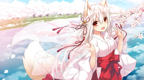 Anime picture 1920x1080 with original saeki touma single long hair looking at viewer blush fringe highres open mouth hair between eyes red eyes wide image holding animal ears sky cloud (clouds) outdoors white hair tail traditional clothes