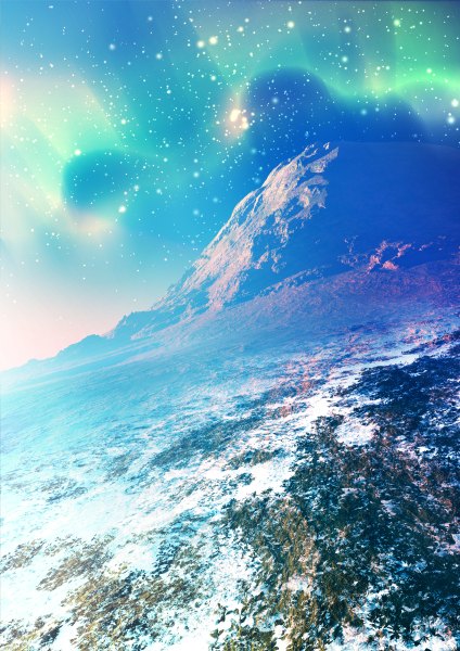 Anime picture 848x1200 with original y-k tall image mountain landscape aurora borealis star (stars)