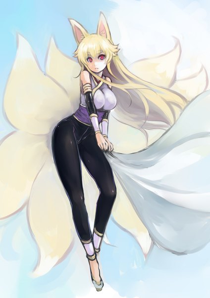 Anime picture 2894x4093 with shinrabanshou izuna (shinrabanshou) johan (johan13) single long hair tall image looking at viewer fringe highres breasts blonde hair large breasts standing animal ears bent knee (knees) tail parted lips animal tail wind leaning