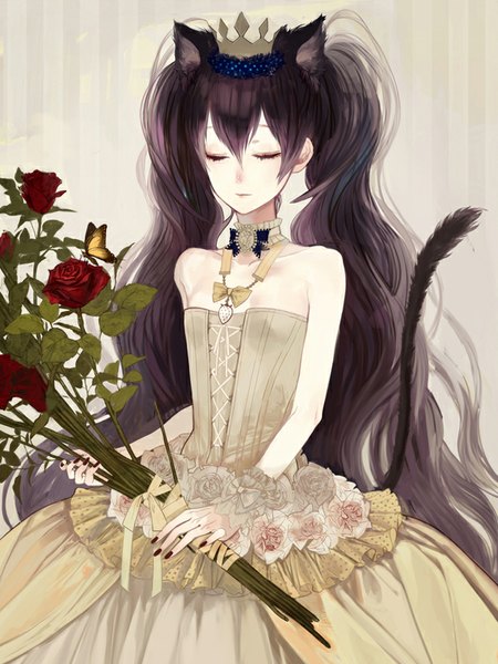 Anime picture 600x800 with original shikishima (eiri) single tall image twintails bare shoulders animal ears purple hair tail eyes closed very long hair nail polish animal tail cat ears cat tail girl dress flower (flowers) bow white dress
