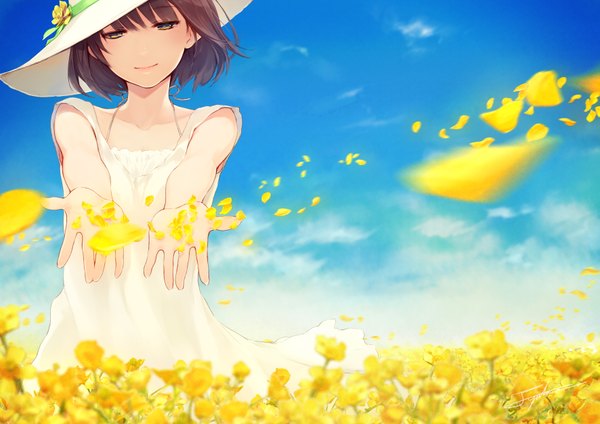 Anime picture 3541x2508 with original yuranpo single looking at viewer highres short hair blue eyes brown hair absurdres sky cloud (clouds) girl dress flower (flowers) hat petals sundress