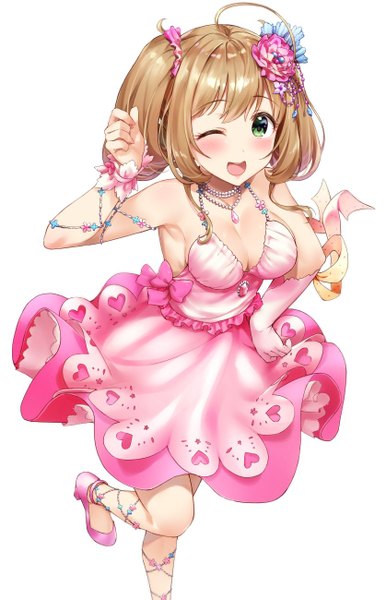 Anime picture 837x1299 with idolmaster idolmaster cinderella girls idolmaster cinderella girls starlight stage satou shin bvucki36gzoeq1c single tall image blush short hair breasts simple background brown hair standing white background twintails green eyes cleavage ahoge one eye closed wink